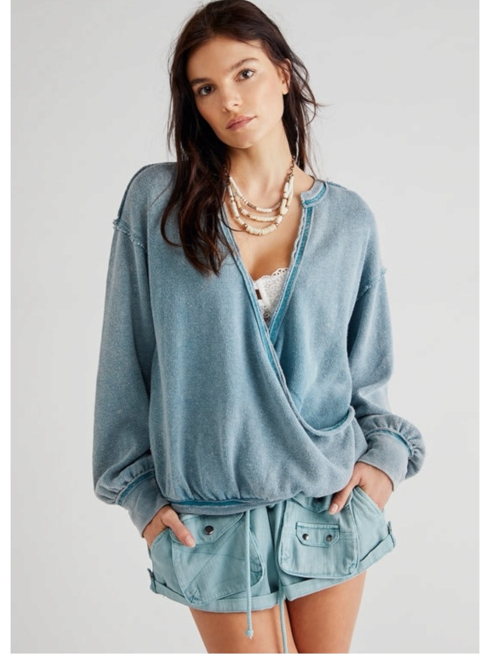 Free People Anyway Tee Sweatshirt Sweater Deep Teal Small Plunge Bohemian Grunge